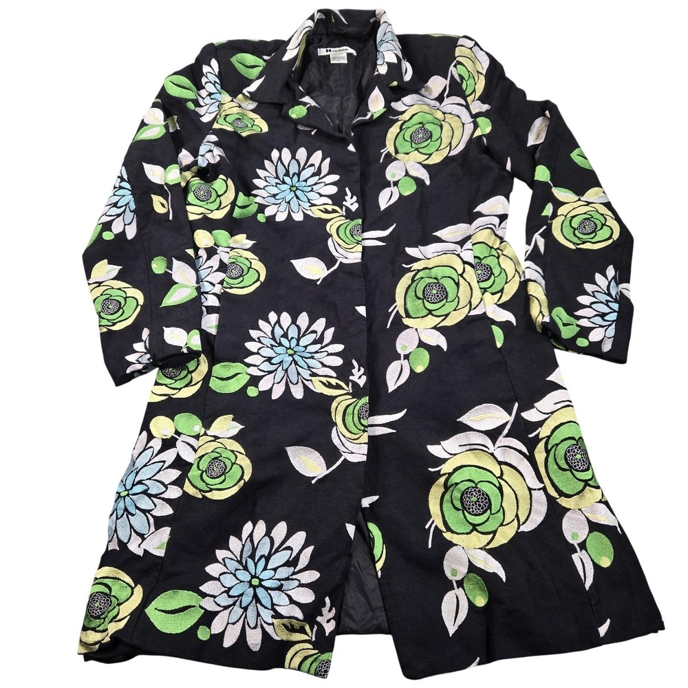 Nygard Collection Blazer Womens 10 Black Floral Linen Blend Long Jacket